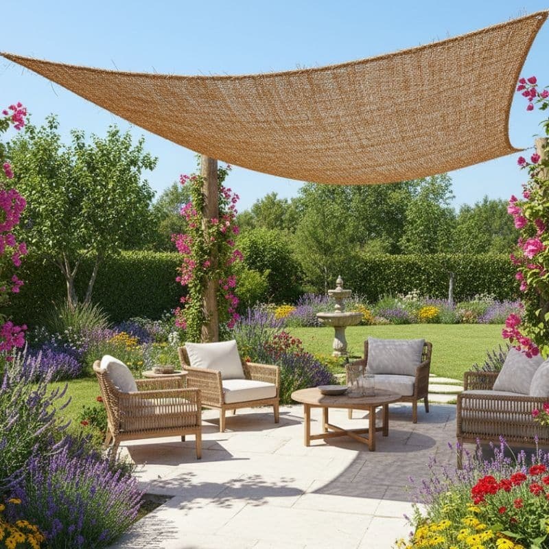 Kokos schaduwdoek boven een loungeset in een bloeiende tuin