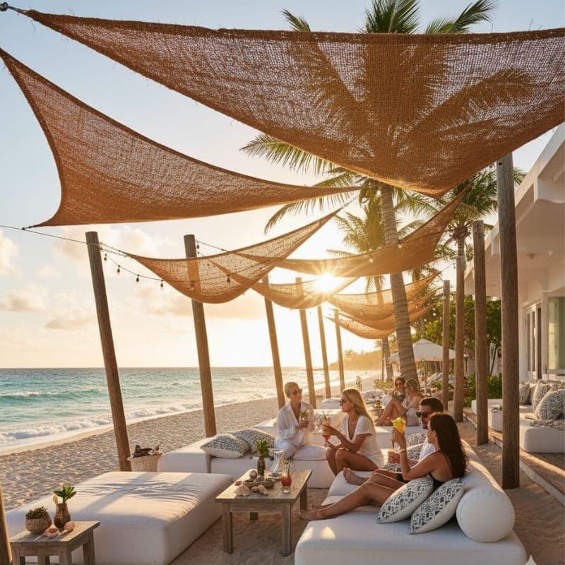 Kokos schaduwdoeken boven een strandlounge in de avondzon